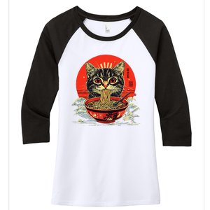 Cat Eating Ramen Noodles Kawaii Anime Manga Japanese Food Women's Tri-Blend 3/4-Sleeve Raglan Shirt