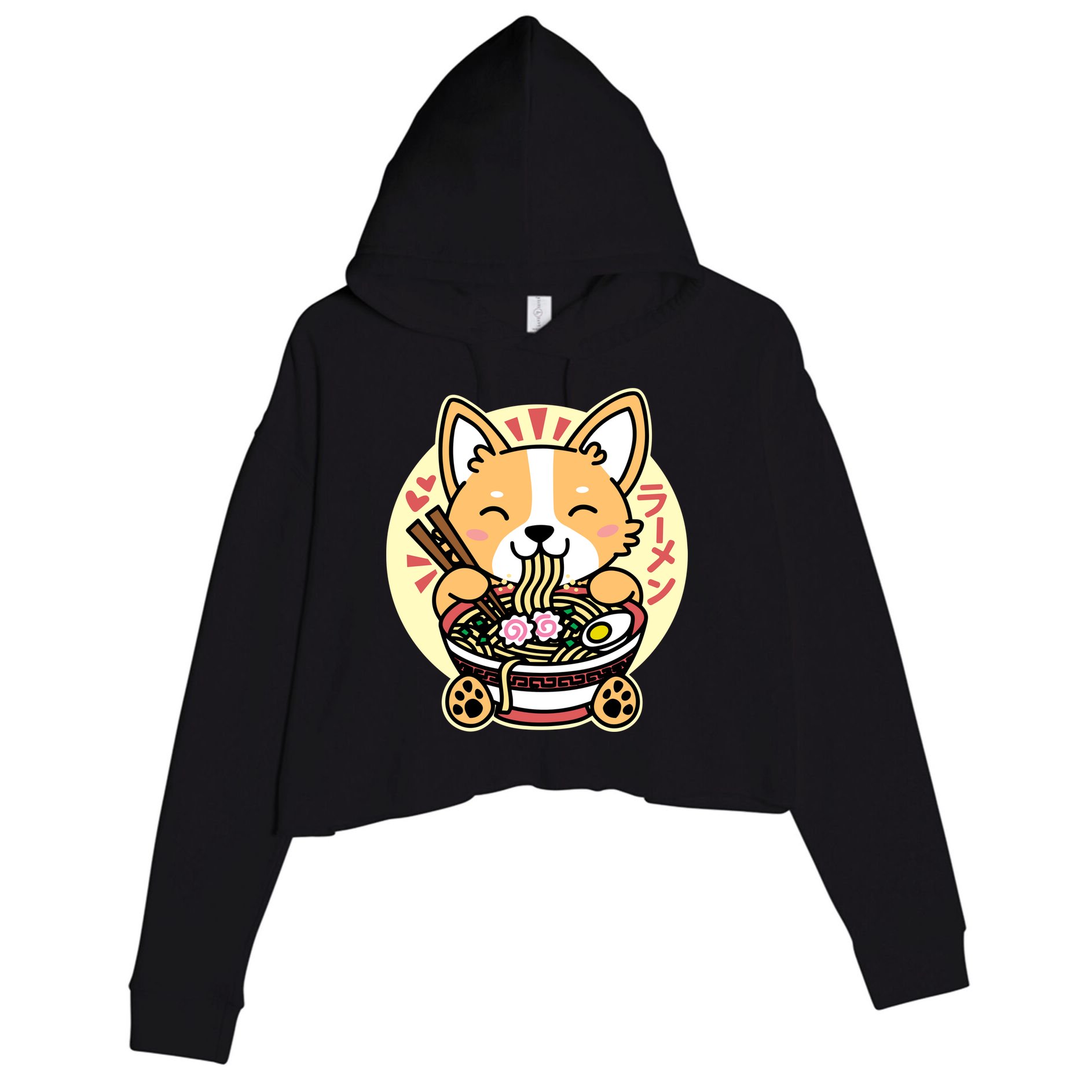 Corgi Eating Ramen Cute Kawaii Noodles Crop Fleece Hoodie