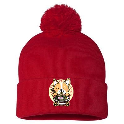 Corgi Eating Ramen Cute Kawaii Noodles Pom Pom 12in Knit Beanie