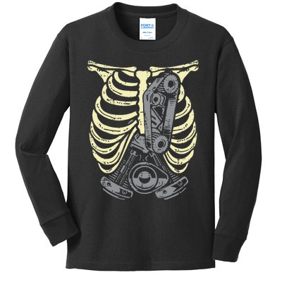 Car Engine Ribs Auto Mechanic Halloween Skeleton Kids Long Sleeve Shirt