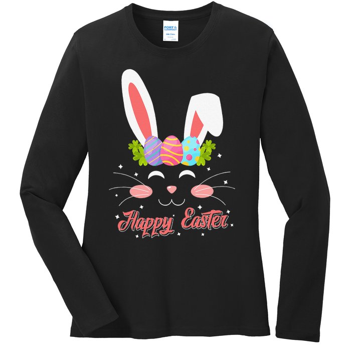 Cute Easter Rabbit Face Happy Easter Ladies Long Sleeve Shirt