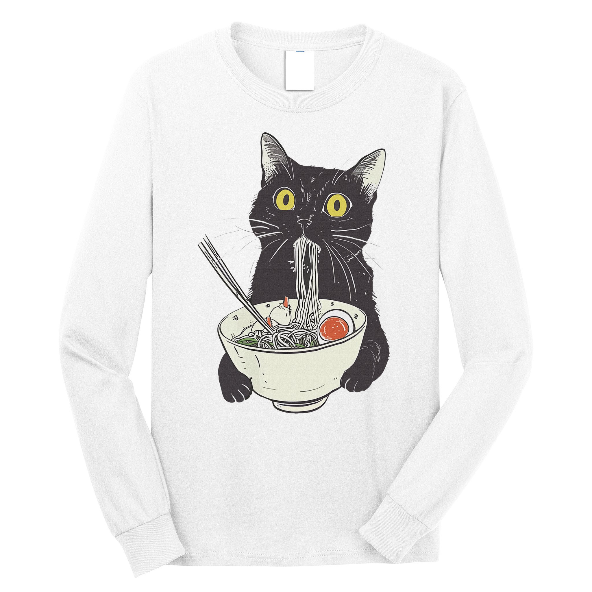 Cat Eating Ramen Vintage Japanese Noodles Long Sleeve Shirt