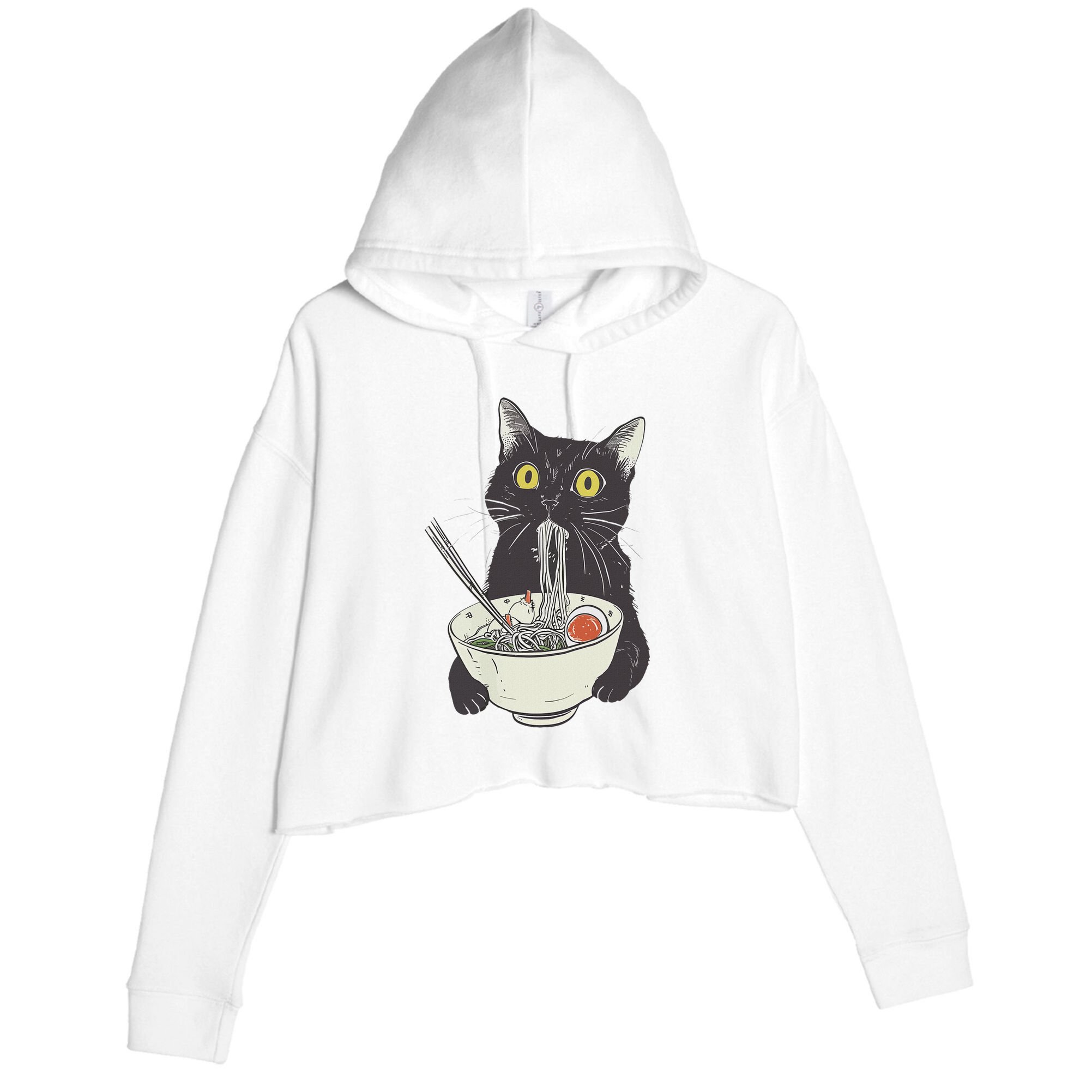 Cat Eating Ramen Vintage Japanese Noodles Crop Fleece Hoodie
