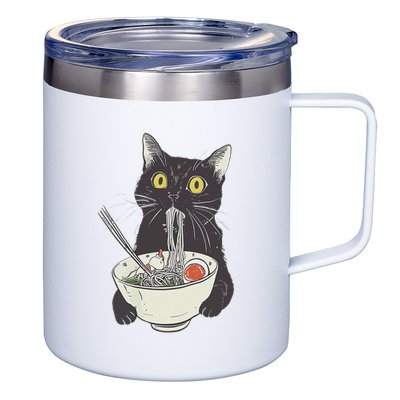 Cat Eating Ramen Vintage Japanese Noodles 12oz Stainless Steel Coffee Mug