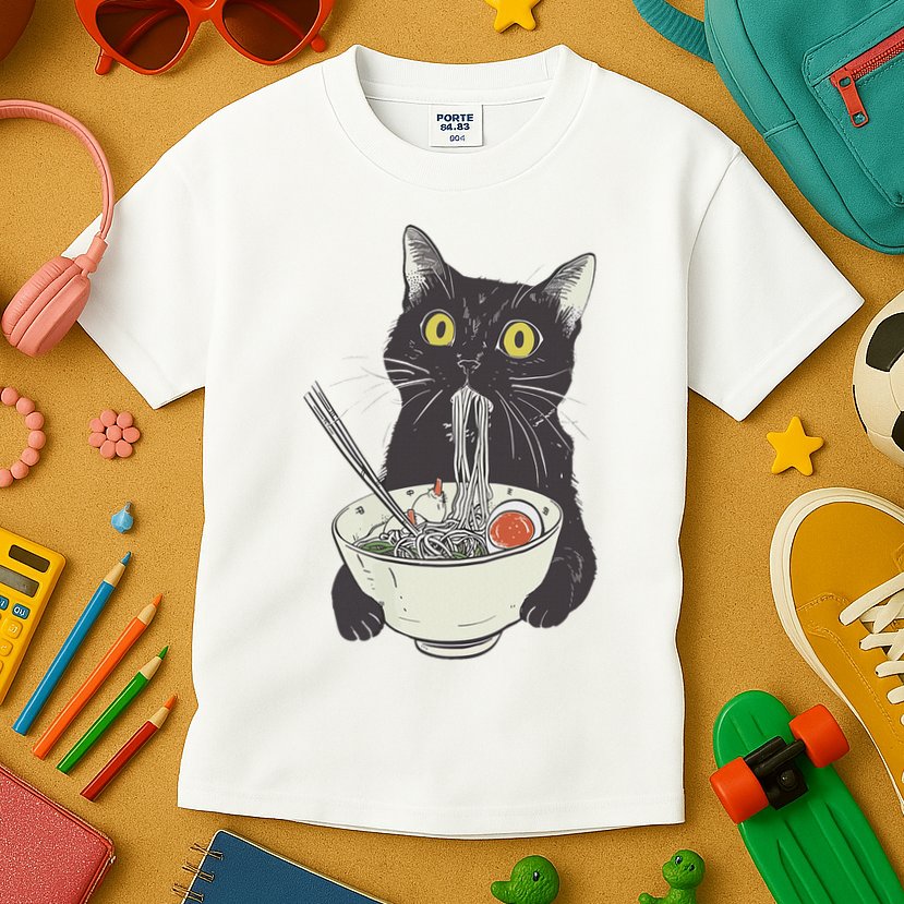 Cat Eating Ramen Vintage Japanese Noodles Kids T-Shirt