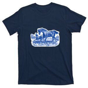 Classy Elegant Rustic Blue French Country Toile Horses Pattern T-Shirt