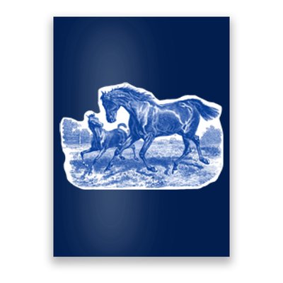 Classy Elegant Rustic Blue French Country Toile Horses Pattern Poster