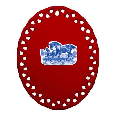 Classy Elegant Rustic Blue French Country Toile Horses Pattern Ceramic Oval Ornament