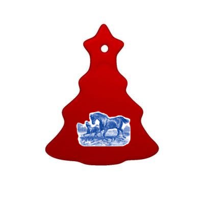 Classy Elegant Rustic Blue French Country Toile Horses Pattern Ceramic Tree Ornament