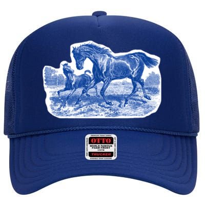 Classy Elegant Rustic Blue French Country Toile Horses Pattern High Crown Mesh Back Trucker Hat