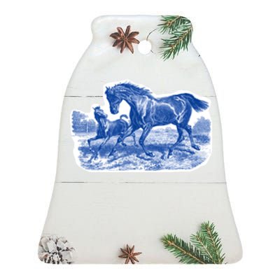 Classy Elegant Rustic Blue French Country Toile Horses Pattern Ceramic Bell Ornament