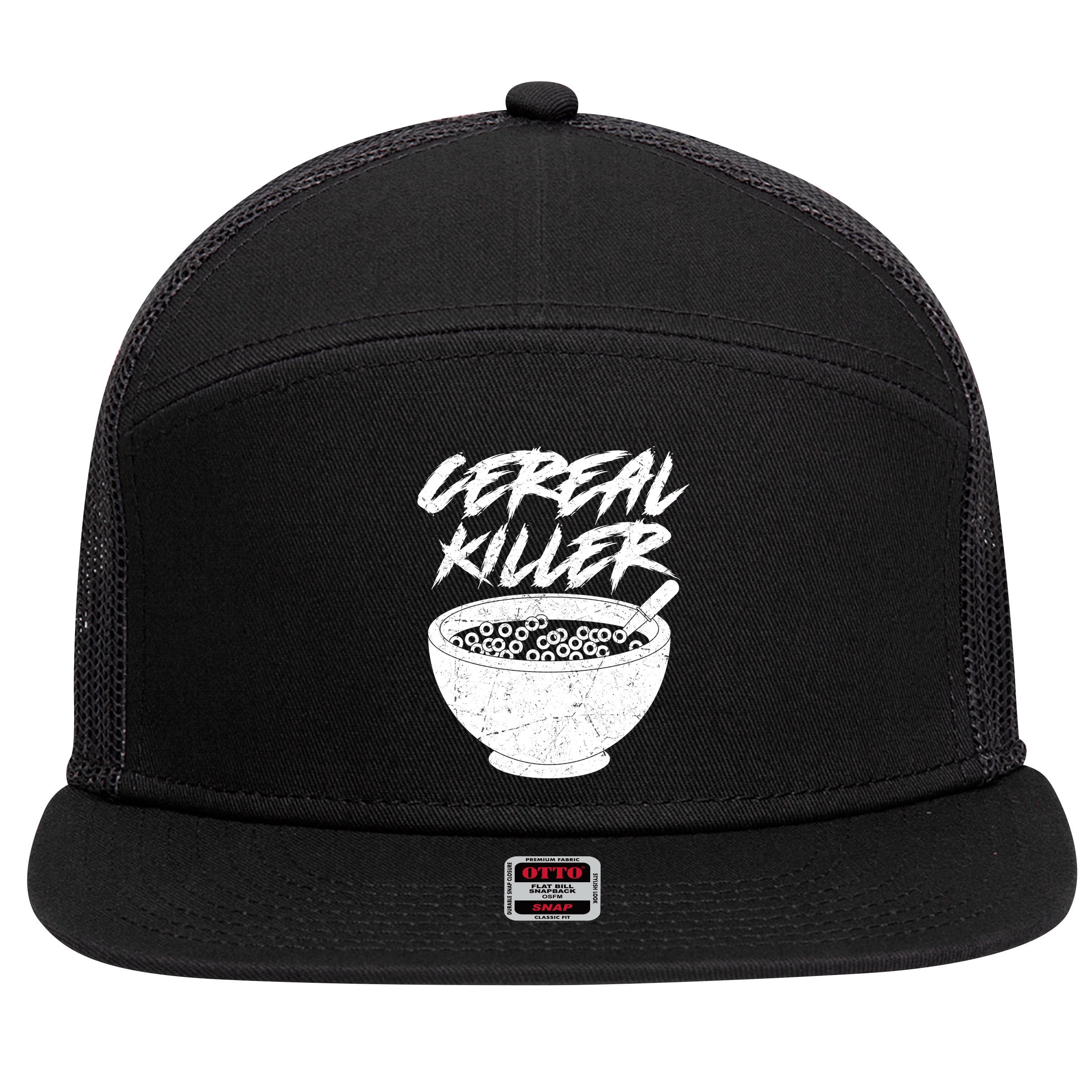 Cereal Killer Funny Halloween Distressed 7 Panel Mesh Trucker Snapback Hat