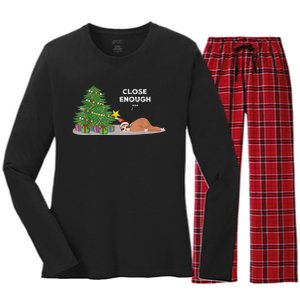 Close Enough Sloth Christmas Tree Funny Holiday Pajamas Women's Long Sleeve Flannel Pajama Set 