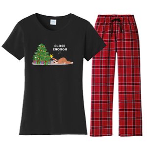 Close Enough Sloth Christmas Tree Funny Holiday Pajamas Women's Flannel Pajama Set