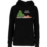 Close Enough Sloth Christmas Tree Funny Holiday Pajamas Womens Funnel Neck Pullover Hood