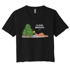 Close Enough Sloth Christmas Tree Funny Holiday Pajamas Women's Crop Top Tee