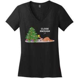 Close Enough Sloth Christmas Tree Funny Holiday Pajamas Women's V-Neck T-Shirt