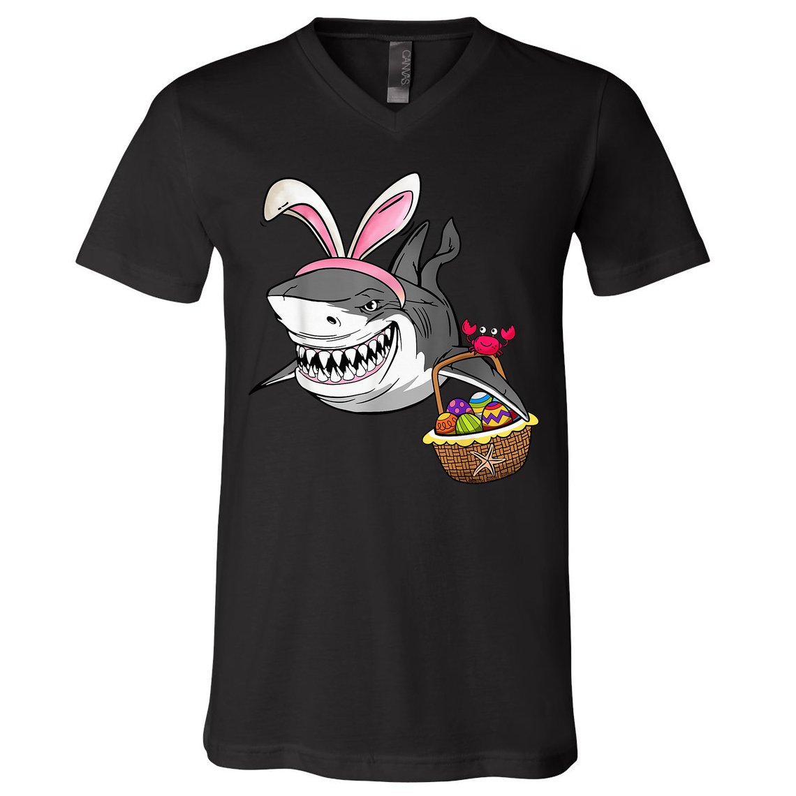 Cool Easter Shark Easter Basket Bunny Ears Happy Easter V-Neck T-Shirt