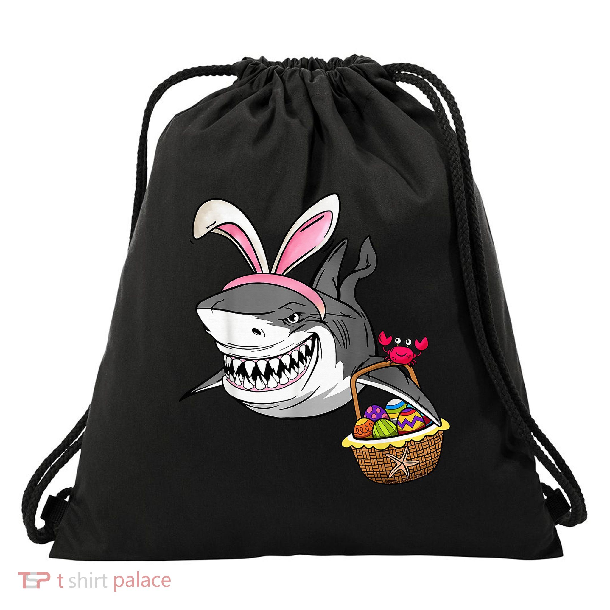 Cool Easter Shark Easter Basket Bunny Ears Happy Easter Drawstring Bag