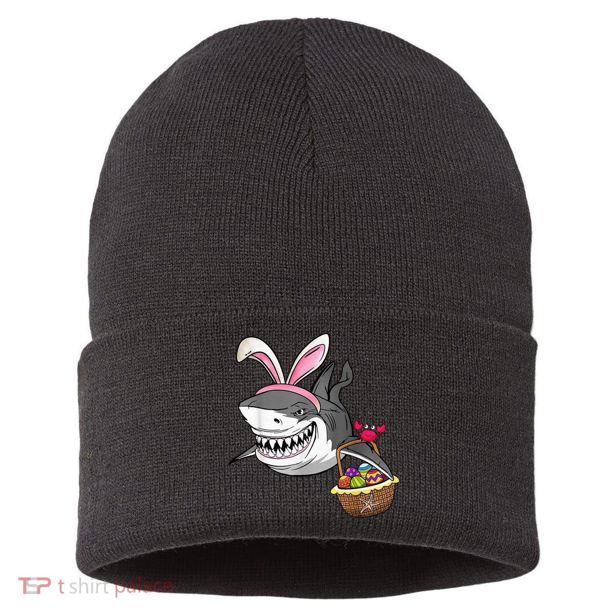 Cool Easter Shark Easter Basket Bunny Ears Happy Easter Sustainable Knit Beanie