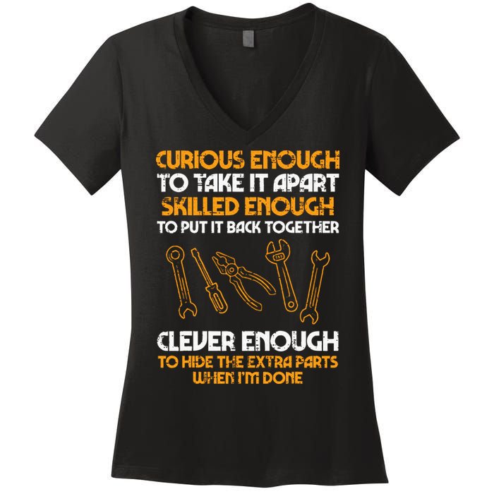 Curious Enough To Take It Apart Car Auto Garage Mechanic Women's V-Neck T-Shirt