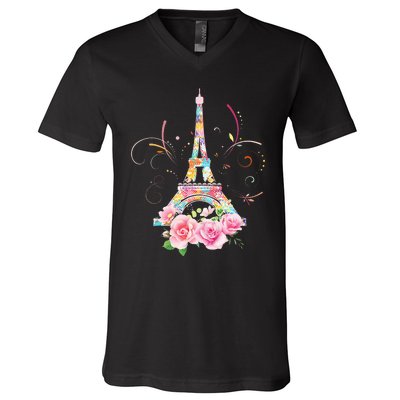 Colorful Eiffel Tower Of Paris In France Parisian Rose V-Neck T-Shirt