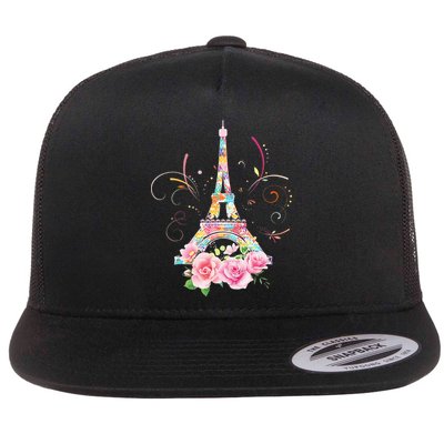 Colorful Eiffel Tower Of Paris In France Parisian Rose Flat Bill Trucker Hat