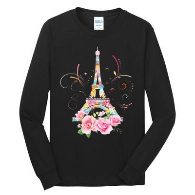 Colorful Eiffel Tower Of Paris In France Parisian Rose Tall Long Sleeve T-Shirt