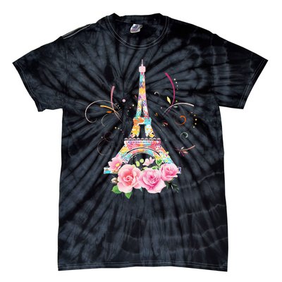 Colorful Eiffel Tower Of Paris In France Parisian Rose Tie-Dye T-Shirt