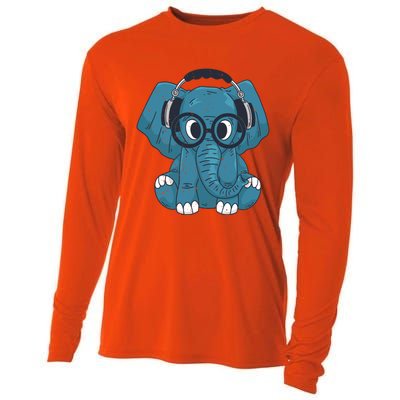 Cute Elephant With Glasses And Headphones Gift Cooling Performance Long Sleeve Crew