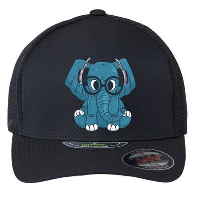 Cute Elephant With Glasses And Headphones Gift Flexfit Unipanel Trucker Cap