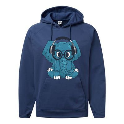 Cute Elephant With Glasses And Headphones Gift Performance Fleece Hoodie