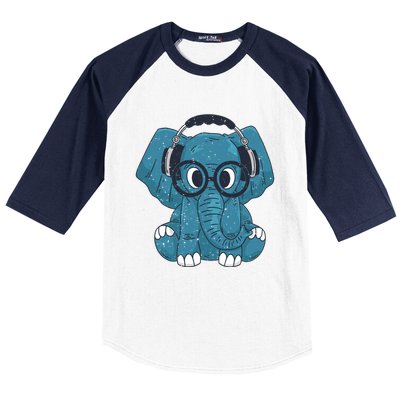 Cute Elephant With Glasses And Headphones Gift Baseball Sleeve Shirt