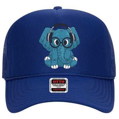 Cute Elephant With Glasses And Headphones Gift High Crown Mesh Back Trucker Hat