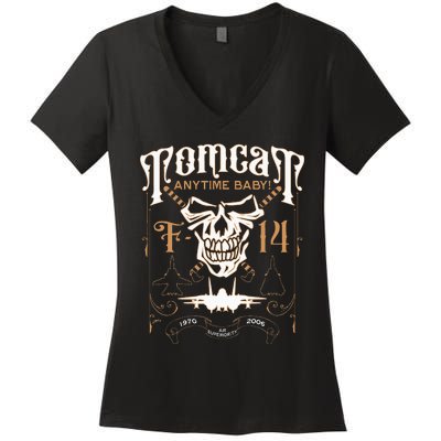 Classic F 14 Tomcat Military Fighter Jet Skull Women's V-Neck T-Shirt