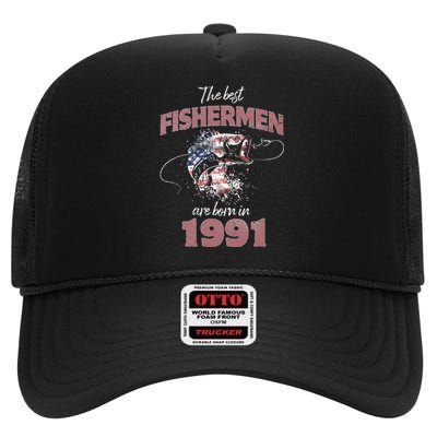 Cute Fisherman 32 Year Old Fishing Fisherman 1991 32nd Birthday High Crown Mesh Back Trucker Hat