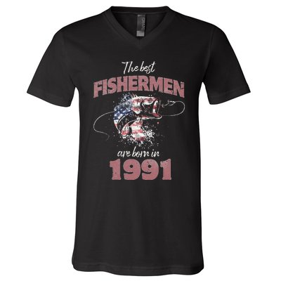 Cute Fisherman 32 Year Old Fishing Fisherman 1991 32nd Birthday V-Neck T-Shirt