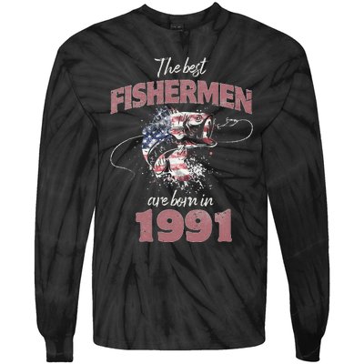 Cute Fisherman 32 Year Old Fishing Fisherman 1991 32nd Birthday Tie-Dye Long Sleeve Shirt