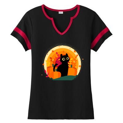 Cute Fall Autumn Lover Black Cat And Pumpkins Ladies Halftime Notch Neck Tee