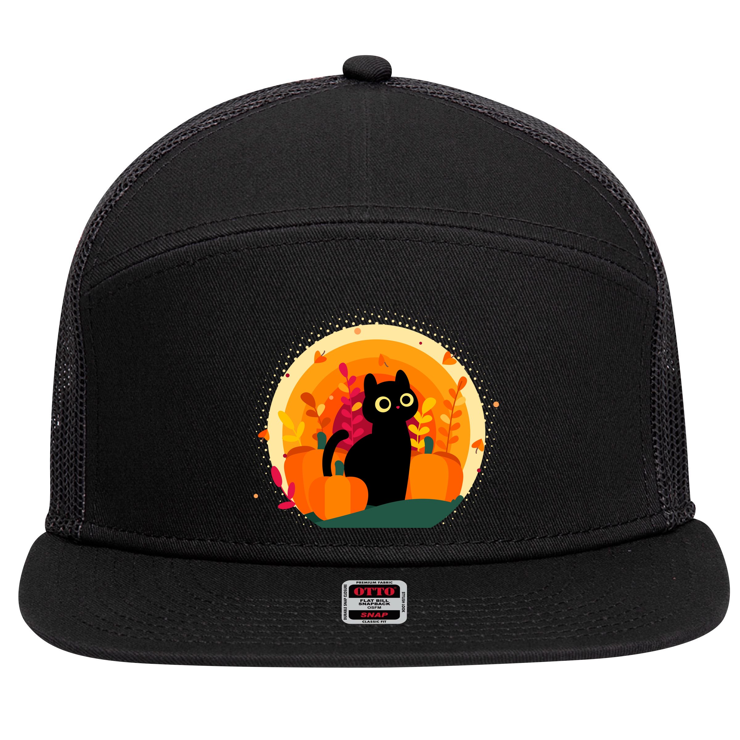 Cute Fall Autumn Lover Black Cat And Pumpkins 7 Panel Mesh Trucker Snapback Hat