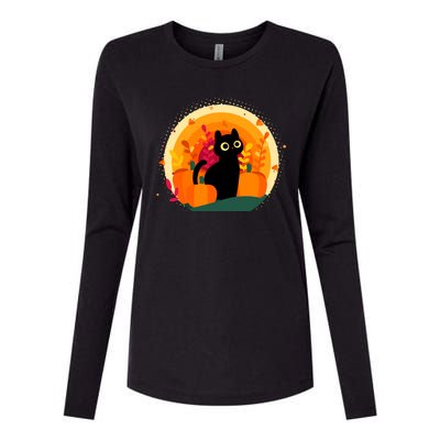 Cute Fall Autumn Lover Black Cat And Pumpkins Womens Cotton Relaxed Long Sleeve T-Shirt