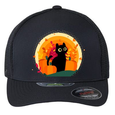 Cute Fall Autumn Lover Black Cat And Pumpkins Flexfit Unipanel Trucker Cap