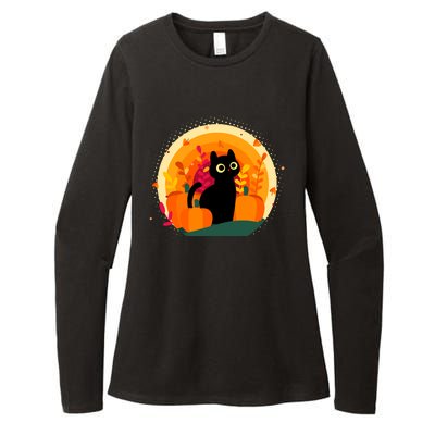 Cute Fall Autumn Lover Black Cat And Pumpkins Womens CVC Long Sleeve Shirt