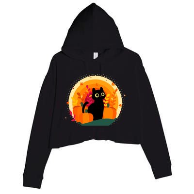 Cute Fall Autumn Lover Black Cat And Pumpkins Crop Fleece Hoodie