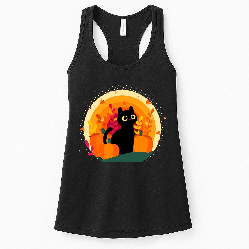 Cute Fall Autumn Lover Black Cat And Pumpkins Womens Tank Top