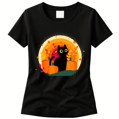 Cute Fall Autumn Lover Black Cat And Pumpkins Womens T-Shirt