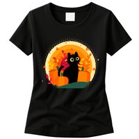 Cute Fall Autumn Lover Black Cat And Pumpkins Womens T-Shirt
