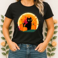 Cute Fall Autumn Lover Black Cat And Pumpkins Womens T-Shirt