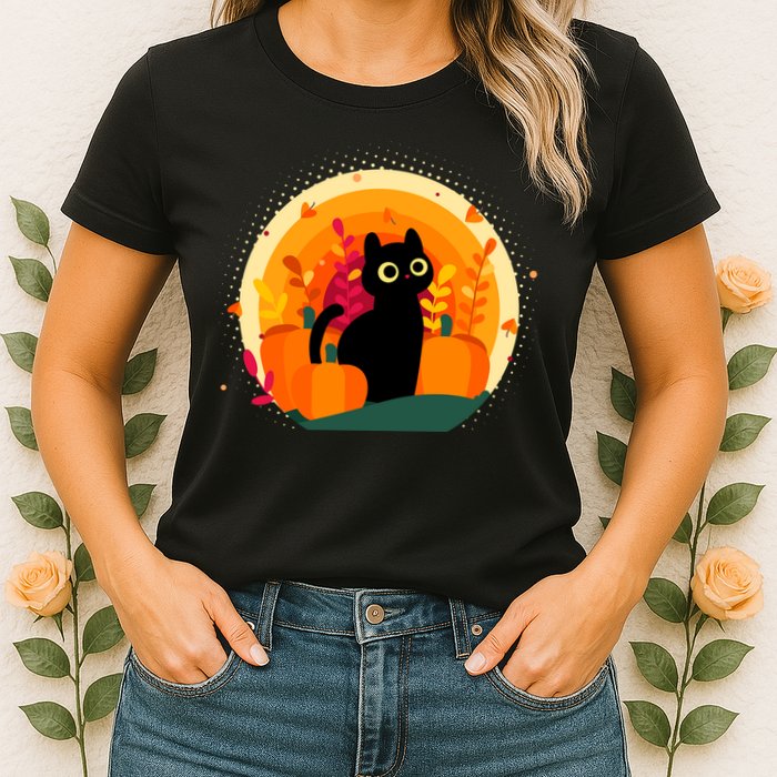 Cute Fall Autumn Lover Black Cat And Pumpkins Womens T-Shirt