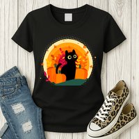 Cute Fall Autumn Lover Black Cat And Pumpkins Womens T-Shirt